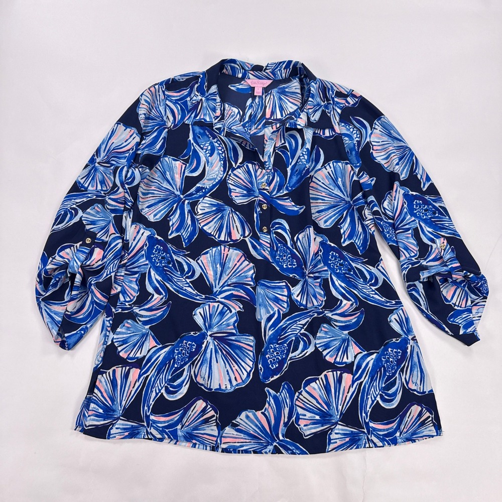 Lilly Pulitzer Everglades Tunic Top Womens Large Blue Koi Fish Going Coastal